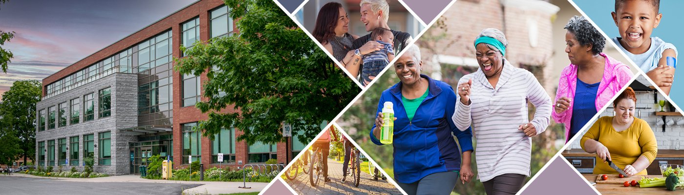 KFLA Public Health Main Office building, adults holding a baby, cyclists, seniors walking, child with a vaccine bandage, adult chopping vegetables