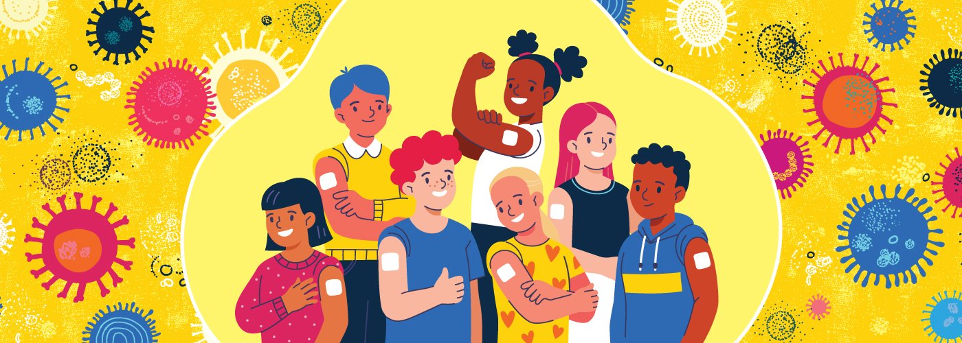 vector illustration of happy kids with bandages on their arms