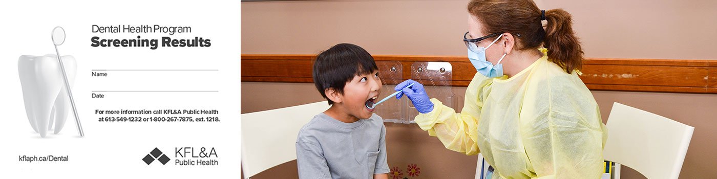 Dental screening card and dental hygienist screening a child 