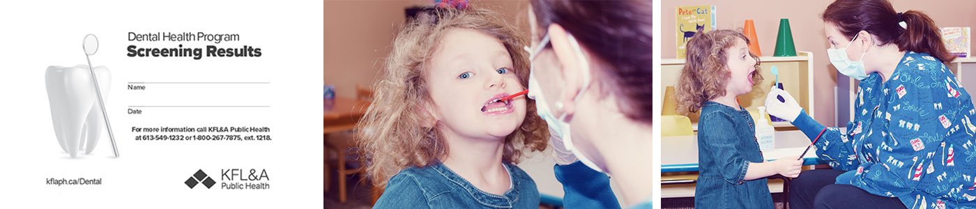 Dental screening card and dental hygienist looking in a child 's open mouth