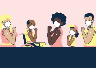 People of different ages with arms up after a vaccine