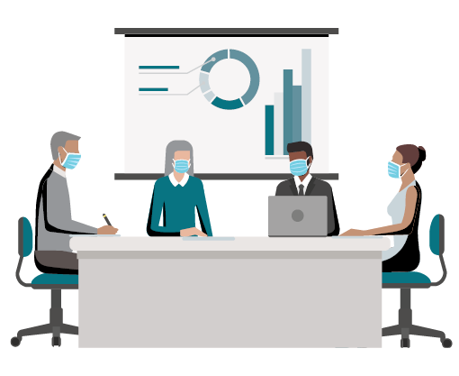 4 people in a meeting wearing masks