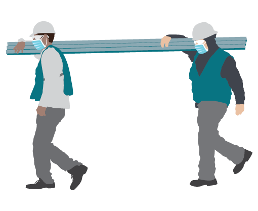 2 people holding lumber at work wearing masks