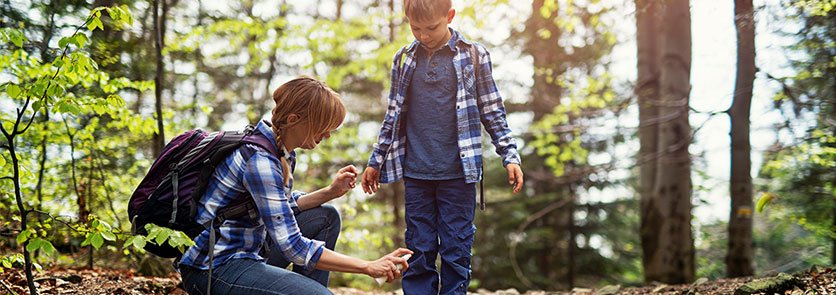 Adult and child wearing pants and long sleeves in forest.