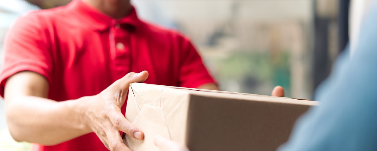 Person in red shirt delivering a box to front door