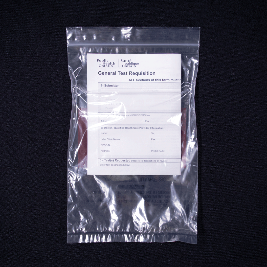 PHO's General Test Requisition placed in back fold of biohazard bag