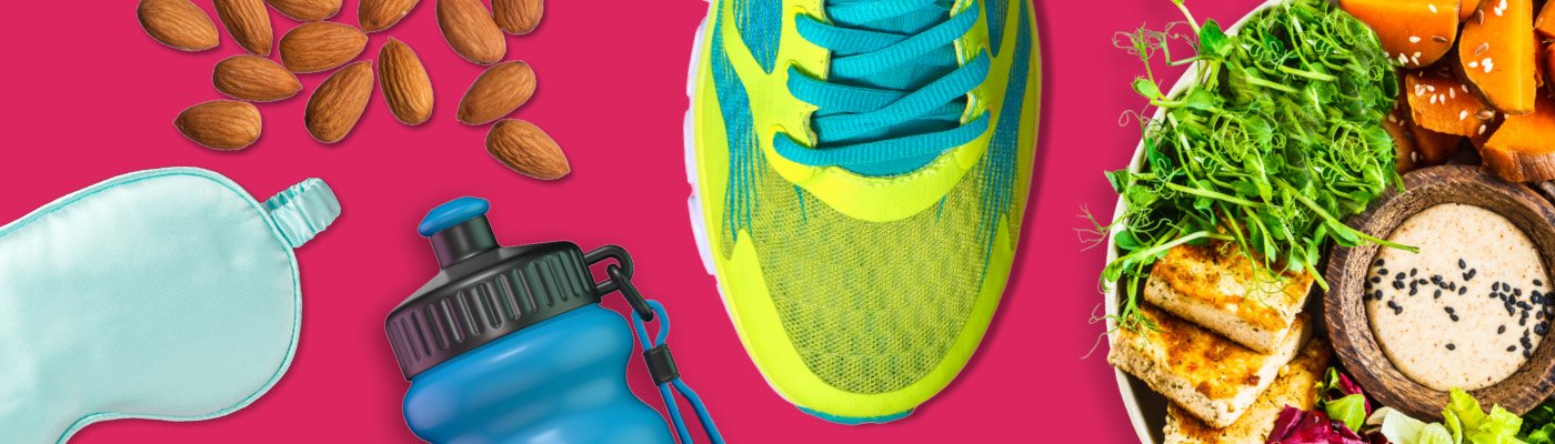 running shoe, almonds, sleep mask, water bottle, vegetable bowl