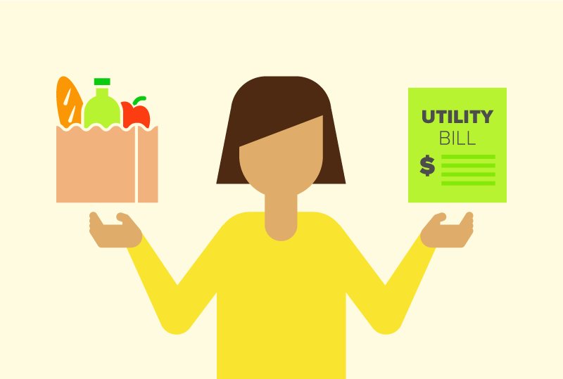 Person weighing grocery bag against utility bill
